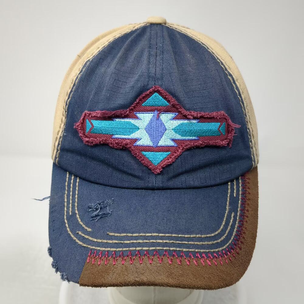 Catchfly Baseball Cap Blue Beige OS Strapback Distressed Aztec Embroidered Hat - Picture 2 of 9